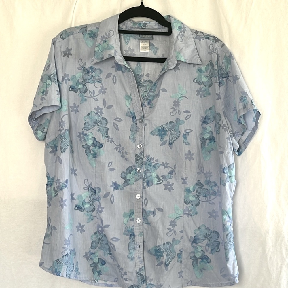 🌞 Classic Elements blue floral button up collared short sleeve shirt men XL